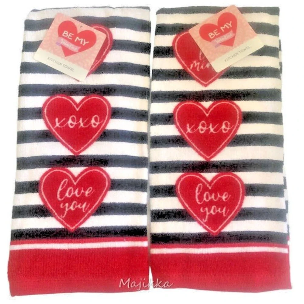 Valentine Kitchen Dish Towels Cotton Be My Valentine XOX Love You Set of 2